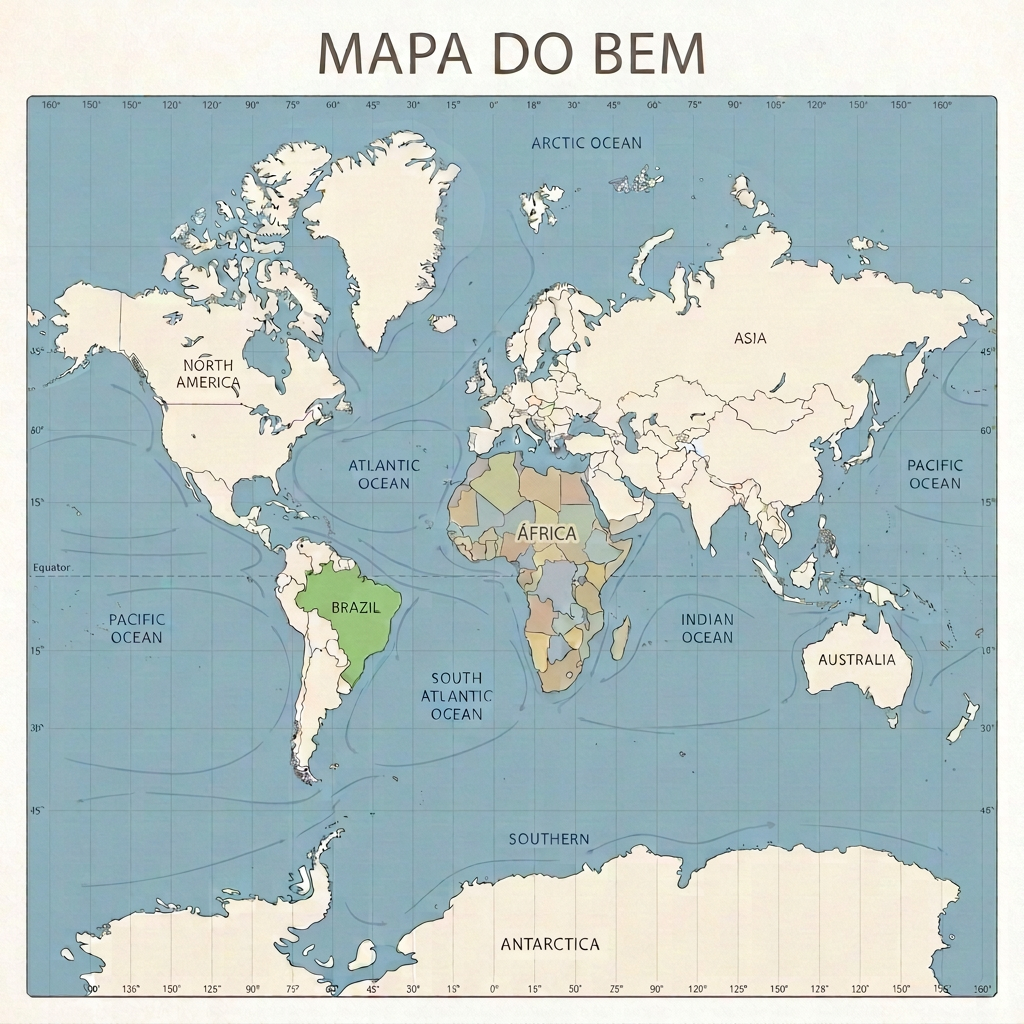 Mapa-múndi com destaque para Brasil e África Mapa-múndi com o título “MAPA MUNDI PLANO: BRASIL E ÁFRICA EM DESTAQUE”, Brasil destacado em verde e África colorida